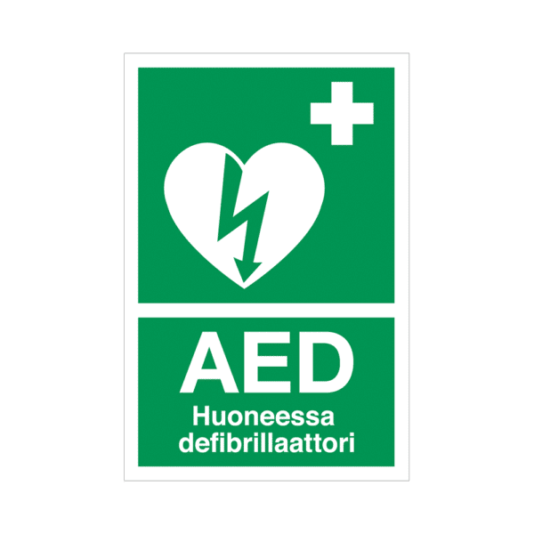 AED-defibrillaattorin opastekyltti, huonekohtainen