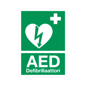 AED-defibrillaattorin opastekyltti, tarrakiinnityksellä