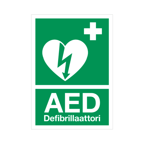 AED-defibrillaattorin opastekyltti, tarrakiinnityksellä