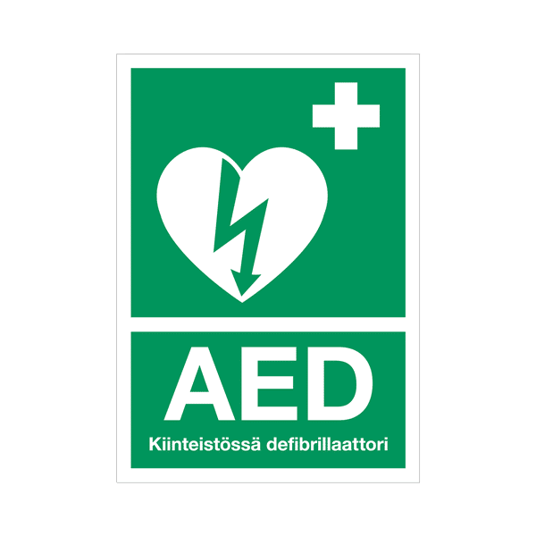 AED-kyltti - kiinteistössä defibrillaattori - muovi A4