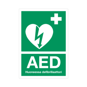 AED-kyltti – huoneessa defibrillaattori – tarra A4