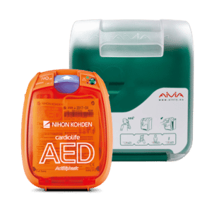 Pakettitarjous: Nihon Kohden Cardiolife AED-3100 defibrillaattori ja Aivia IN defibrillaattorikaappi